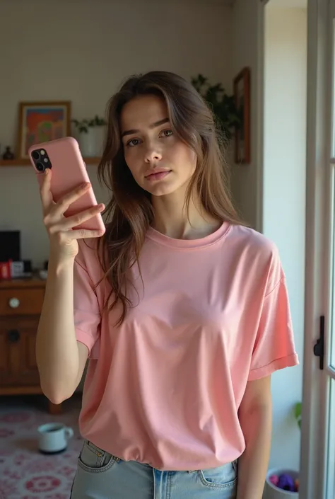 dynamic view, portrait of a beautiful young woman, content creator on instagram, she is only wearing a blank pink large t-shirt, showing the screen of her smartphone to the camera photorealist, she is angry because someone opened the door, photo