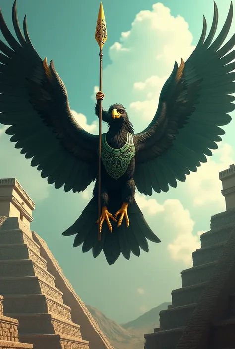  Imagine an eagle with black feathers and a jade armor .  The eagle warrior holds a spear decorated with ancient symbols, flying over the Aztec temples, represented resistance and heritage .