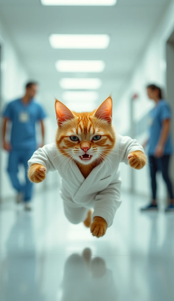 Yellow cat White House clothes white clothes running in the hospital hall cried 