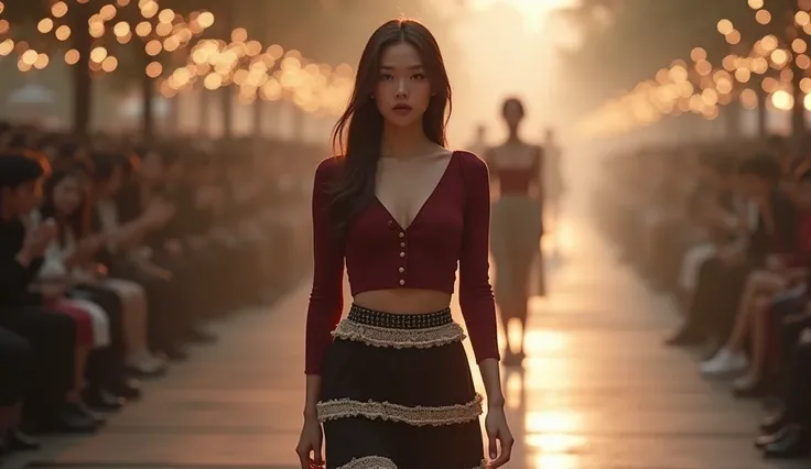  A stunning female model walks on the catwalk, Chanel Big Show ，Sophisticated and elegant clothing， Chanels style .  Her top is wearing a burgundy top， Hip Skirt ， Hip Skirt ，Decorated with white wool trim ， The scene is set on the West Lake side of Hangzh...