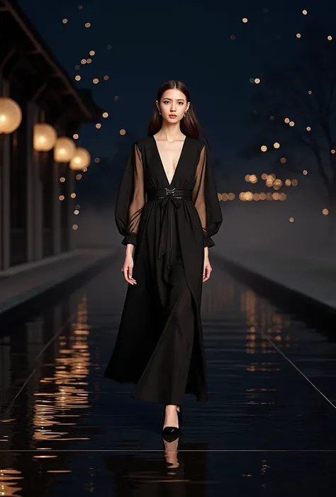 
 A stunning female model walks on the catwalk, Chanel Big Show ，Sophisticated and elegant clothing， Chanels style .  The scene is set on the West Lake side of Hangzhou , Water mist， Melancholy warm lighting ,  Bokeh lights shining in the background ,  Emp...