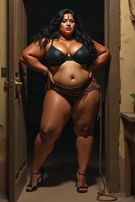 Indian extreme plus size BBW chubby fat busty dark skinned wide woman with large breast and large curvey figure and wide shoulder and long hair and wearing dark lime
deep neck tight fitting bra with displaying cleavage and display navel and fat arm and wea...