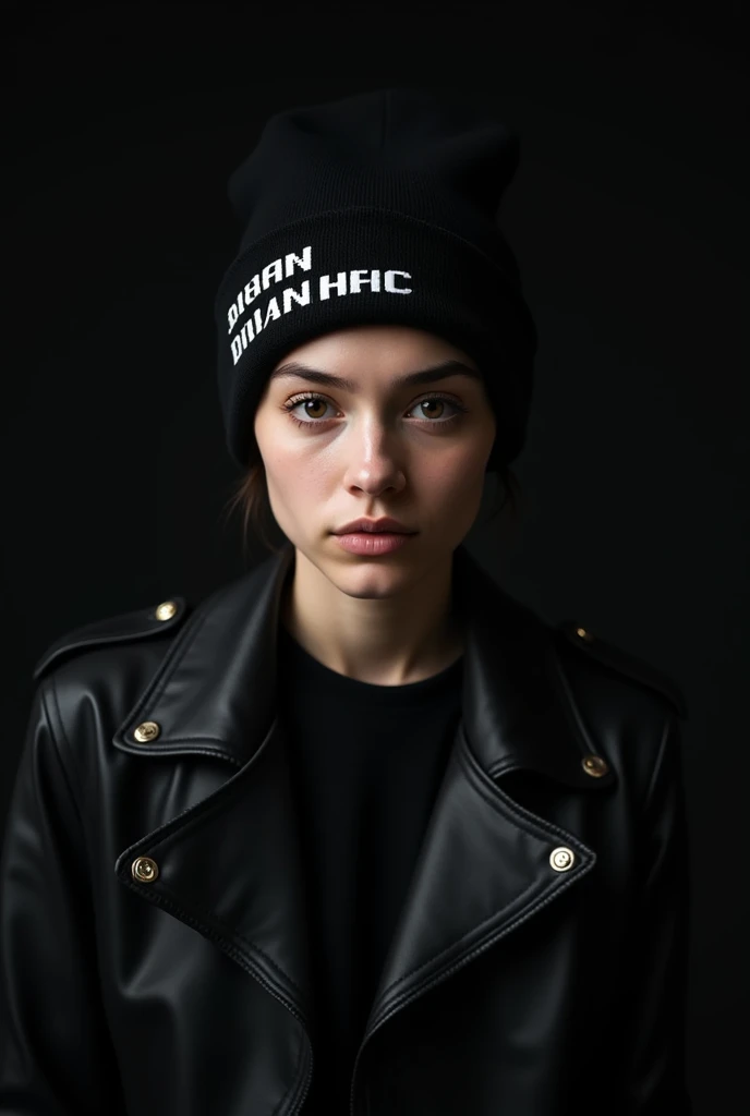 Black background a black beanie that says Dion and Zeya on his right hand and above the beanie that says miu miu