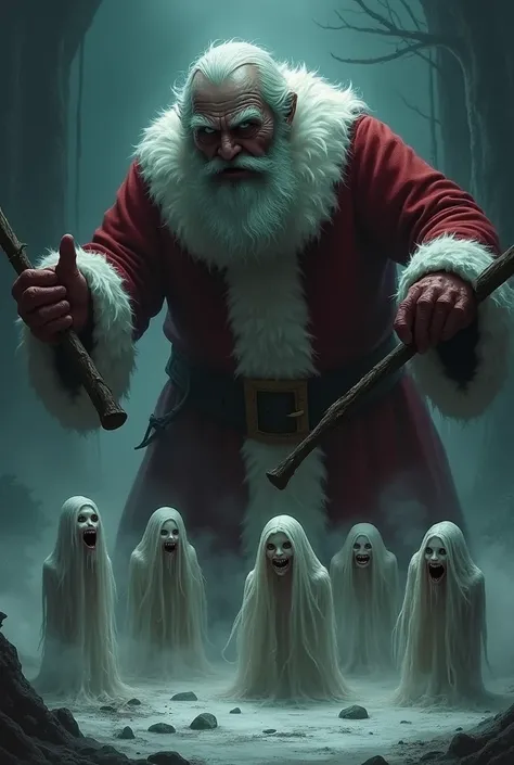 Spooky Santa beats naughty ghostly s with a stick