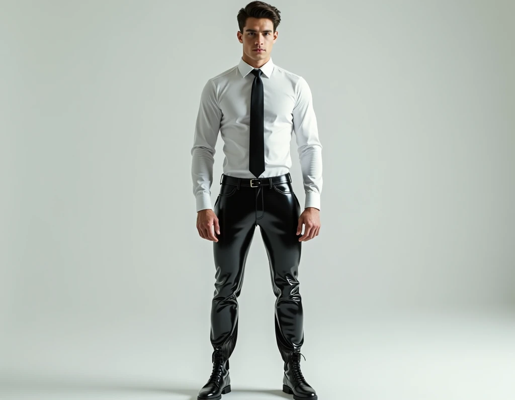 /imagine man cute skin white   latex white  rubber shining shirt black tie  latex black rubber waistcoat latex rubber black pant latex  shining rubber black boots