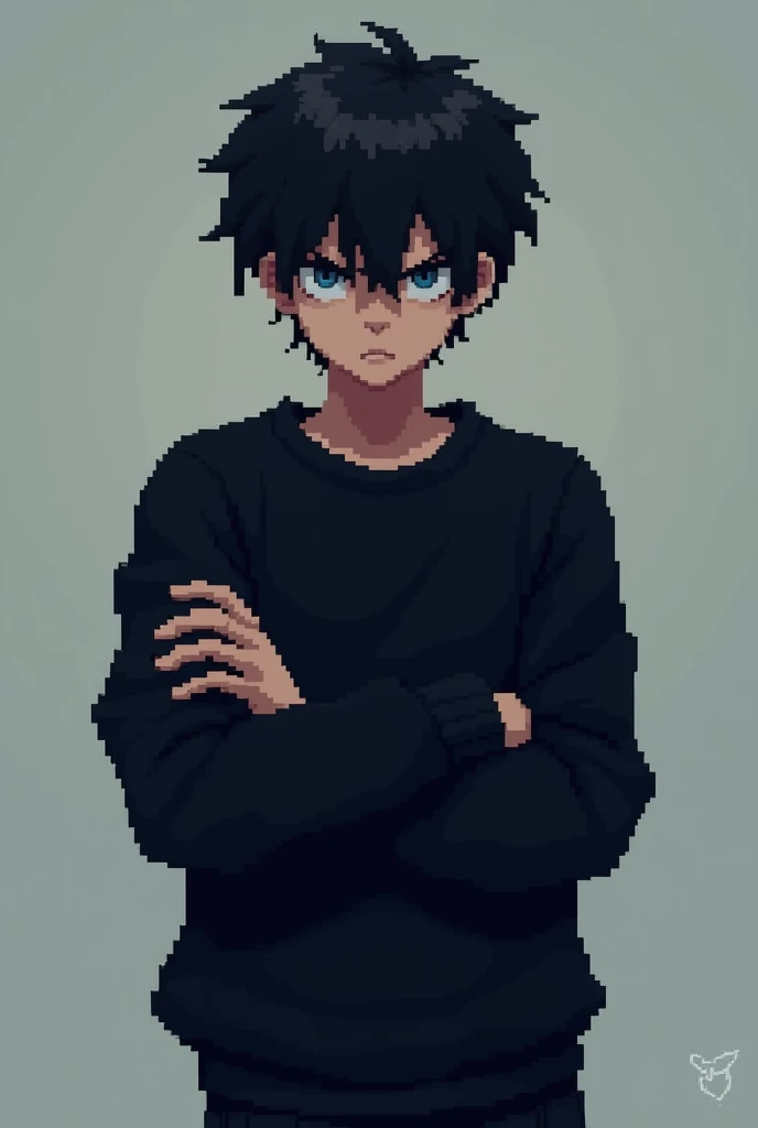 chico,  black hair, He is angry ,  blue eyes , Wear black pixel art sweatshirt without HD anime style, crossed arms 