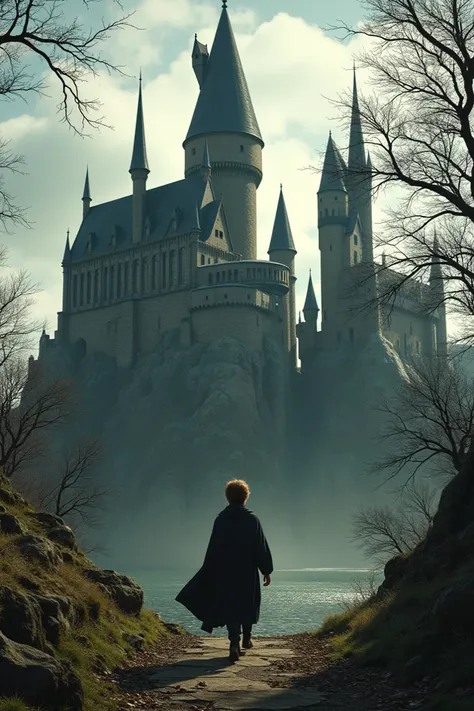 The Hogwarts castle in the distance, with young Tom Riddle walking through its grand doors, eyes filled with ambition.