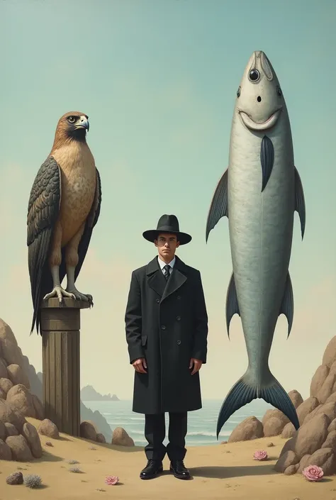 A man in a black hat and coat stands with a statue of a huge brown feathered falcon to his left and a large silver fish standing upright to his right. The background is a simple landscape in pastel tones. All vertically. All same long. Oil on canvas. Not r...