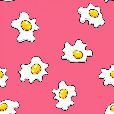 "Seamless pattern design featuring irregular, cartoon-style fried eggs with bold, black outlines. Each egg includes a bright yellow yolk and an asymmetrical white shape, maintaining a playful, hand-drawn aesthetic. Set against a vibrant hot pink background...