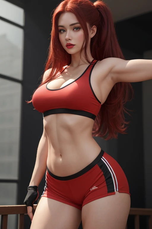 V-shaped hourglass bodybuilder body, big chest, huge breasts, tight stomach with curved waist, wide hips, big butt, huge hips, muscular legs bodybuilder, Perfect oval face, feathery eyebrows, blue eyes, medium nose, big mouth, full and plump red lips, smal...