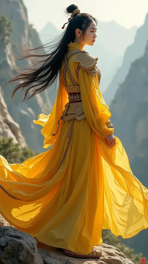 (Different angles, different actions) Ancient Chinese 18-year-old Chinese beauty, with rosy skin, black hair, dark gray eyes, wearing yellow and gold Ming Dynasty armor, standing on a mountain, high-detailed figure, sensual pose, dynamic movement, 8K. HD