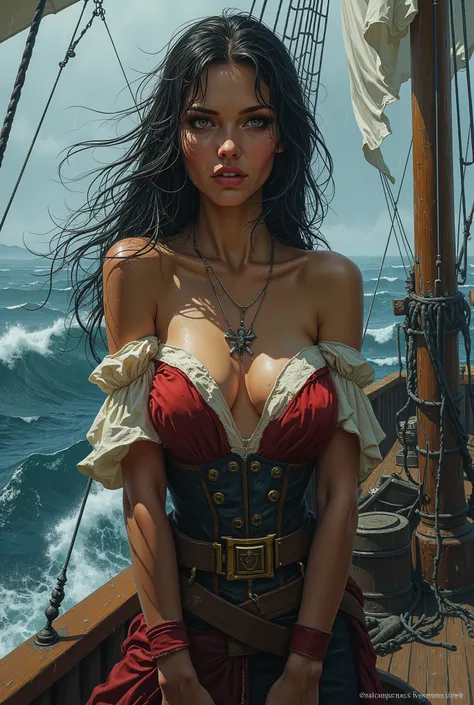 cowboy shot, masterpiece,  a painting of a stunningly beautiful woman,  pirate captain, looking at the viewer,on the bridge of a pirate ship, On board, In the storm, Heavy Rain, My face is wet, Water Drop 
, looking at viewer looking at the viewer, seducti...