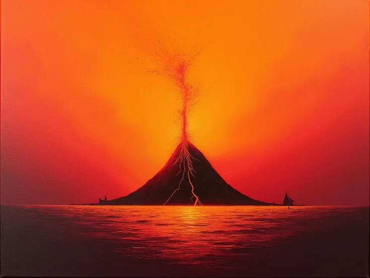 masterpiece,  two-color abstract painting in red and orange ,Volcanic eruption,Volcano and ocean , Volcano erupts magma ,Magma flowing into the ocean , fine dust , with a dynamic strong contrast of the eruption、 the ocean has a soft tone , top quality,  hi...