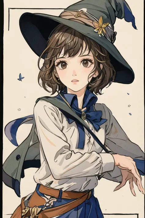 colorful butterfly,girl,full body,witch hat,(detailed face:1.2), Tarot border,The portrait is centered,(no weapon), medium hair, black hair, twintails, blunt bangs, brown eyes,Black gymnastics bloomers)+(White collared blouse)cowboy shot,solo