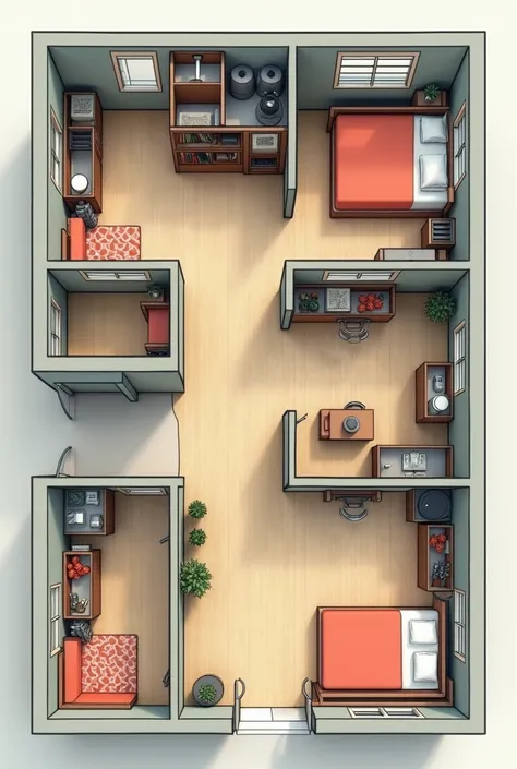  hostel layout on the ground floor of a 220 km building where beds will be capsule beds in bookshelves,  should be a laundry area , shared kitchen area ,  toilet and shower area  ,  staff area and reception  