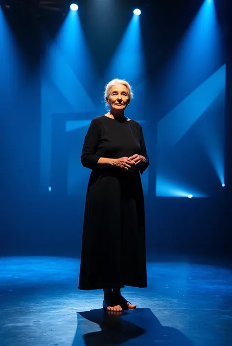 "An elderly woman with white hair tied in a simple bun, wearing a long black dress, stands on a lit stage. The stage has a modern design with bright blue lighting and beams of light in the shape of geometric triangles in the background. The environment has...