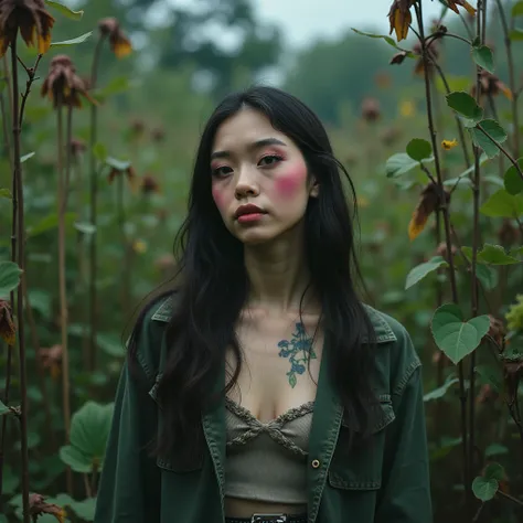 A photo of a young woman with vibrant and moody makeup, wearing a stylish yet casual outfit. She has a pensive expression on her face as she stands in a lush garden with wilting leaves and dying plants. The background is slightly blurred, emphasizing the d...