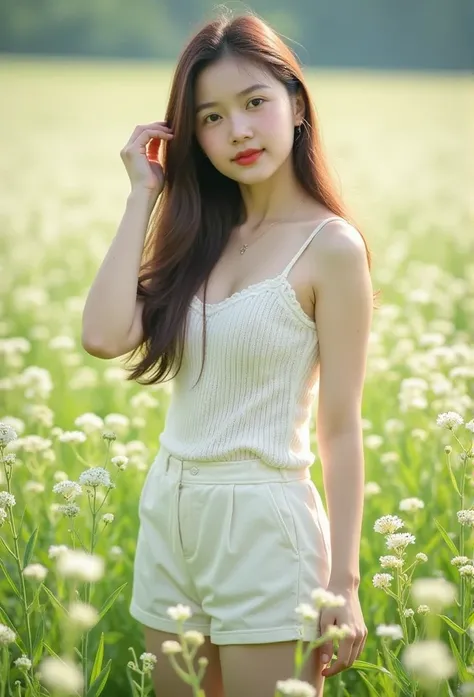 A 25-year-old Korean woman in a white knitted tank top and shorts stands amidst a field of white flowers. The daylight shines on her skin, making it stand out. She looks at the viewer, her hand in her hair. Deep focus.