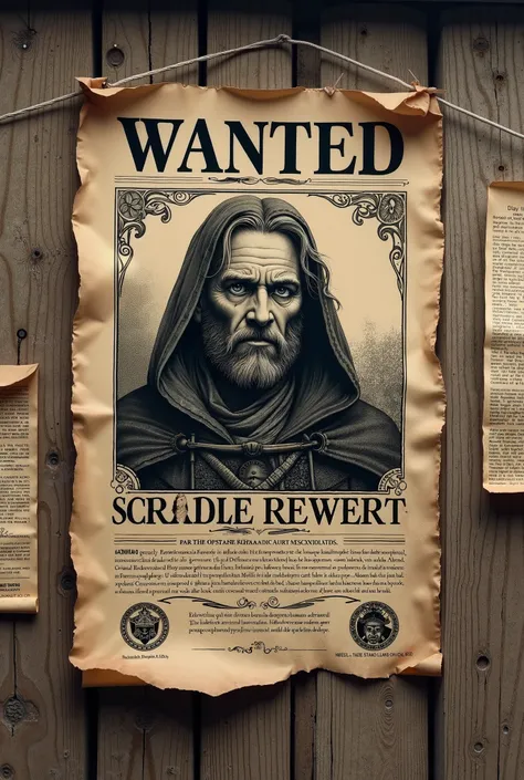 A medieval wanted poster with a reward on a wall