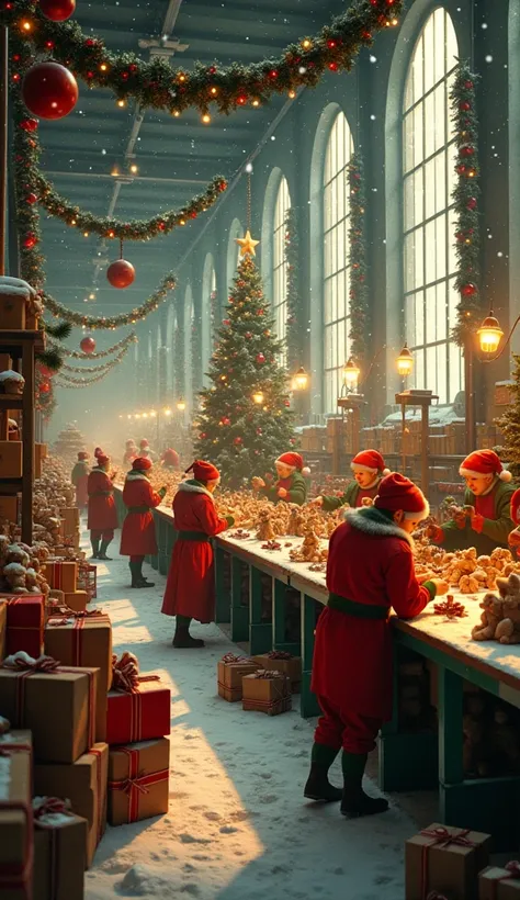 A bustling Christmas factory, alive with holiday spirit and magic. The factory floor is filled with workers, including elves and friendly craftsmen, dressed in festive red and green uniforms, each busy assembling toys, wrapping gifts, or painting wooden fi...