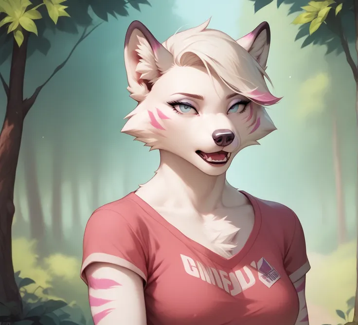 Female, anthropomorphic, arctic fox, white body, pink stripes, pink nails, skinny, weak, runners body, slim build, ultra realistic, closeup, chest and arms only, upper body only, mouth closed, facing viewer, forest eyes opened, looking at viewer,