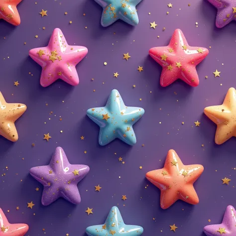 Seamless pattern design featuring whimsical, star-shaped candies with glittery details. Each candy includes vibrant hues and small, uneven sparkles for a magical effect. Set against a deep purple background to evoke a dreamy and enchanting mood with evenly...