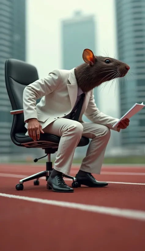 "Create a surreal a image depicting a corporate setting resembling a rat race. A mans body is transformed into a race track, with his upper body and head resembling a rat, symbolizing the cutthroat corporate world. His head is dark brown, sleek, and sharp ...