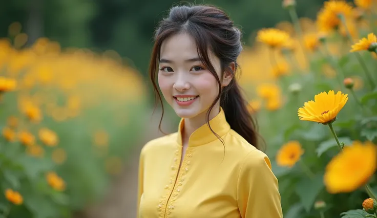 cinematic photo vietnammese woman 20 years old, 3/4 shot, with gorgeous eyes and skin, smiling, wearing a yellow Ao Dai dress, Walking in the flower garden. 35mm photograph, film, professional, 4k, highly detailed