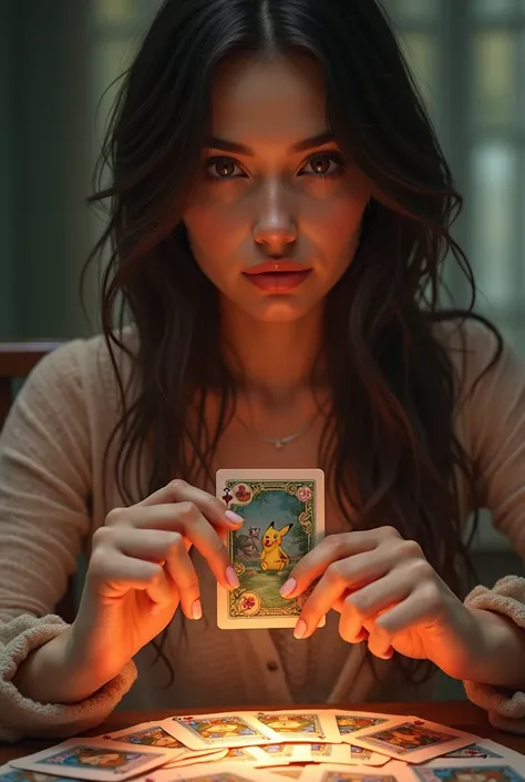 a beautiful woman playing a card game, cowboy shot, digital painting, beautiful detailed eyes, beautiful detailed lips, extremely detailed face and features, delicate hands holding playing cards, pokemon themed card game, intricate card designs, dynamic ca...