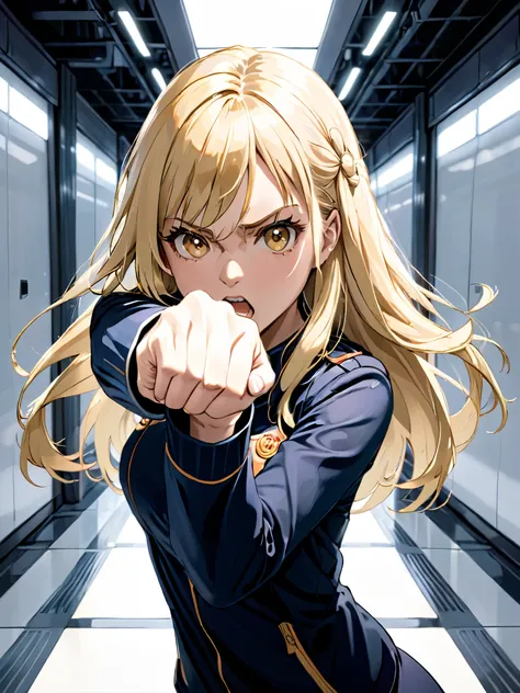 intricate detail, vanishing point, 1girl, blonde hairs, solo, Throwing a fist at the viewer, Long Hair, 