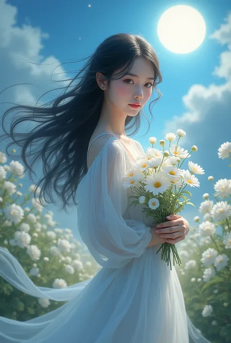 In the evening moonlight ,  a pretty girl stands with white flowers in her hands.. , some of her blue sky ,  a white flower garden round the side .  her pretty black hair fluttering along the breeze .