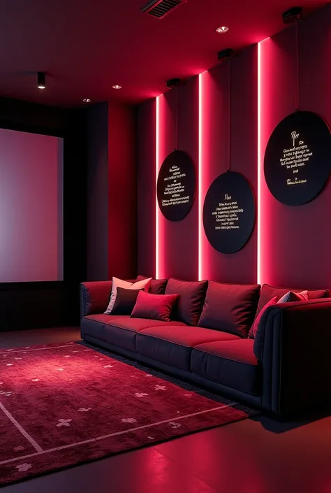  I want a space for a film promotion campaign，Three round pieces of cardboard hang from the ceiling to write movie lines， The overall space is dark ， There is an immersive feeling ，The theme is black pink ，The overall style needs to heal 。 that makes peopl...