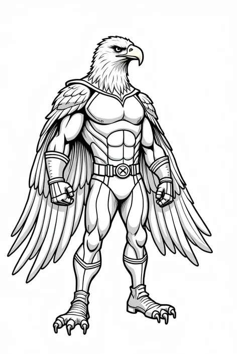 Coloring page of a majestic eagle in a superhero costume, inspired by Marvel style, ready for battle. The eagle stands tall with wings spread, wearing a high-tech suit with aerodynamic designs. Cartoon style, thick lines, no color, white background."