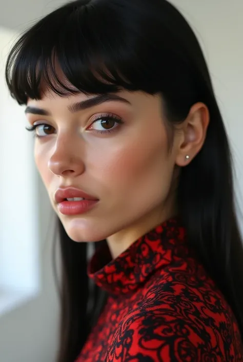 A captivating high-fashion close-up shot of the model in a minimalist art museum, highlighting her flawless features. Her sleek black hair, styled in a side part, frames her face, while her confident gaze meets the camera head-on. The patterned red-and-bla...