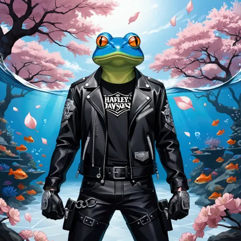 An extremely badass anthropomorphic light blue and white bullfrog inspired by Satoru from Windbreaker anime, wearing an insanely cool anime-inspired black leather Harley Davidson biker jacket open, black shirt, black leather biker gloves, standing before t...