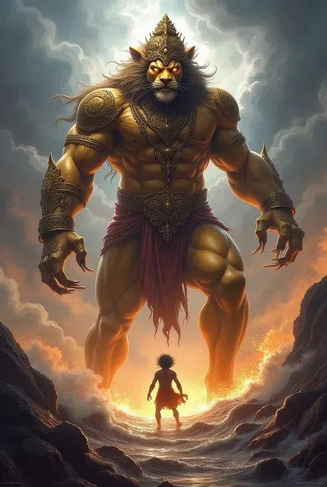 Narasimha (Half-Man, Half-Lion)  Lord Vishnus Narasimha Avatar,Lord Vishnu appears as a fierce half-man, half-lion creature,He protects his devotee, ((Prahlada a young boy)), by defeating the demon king Hiranyakashipu