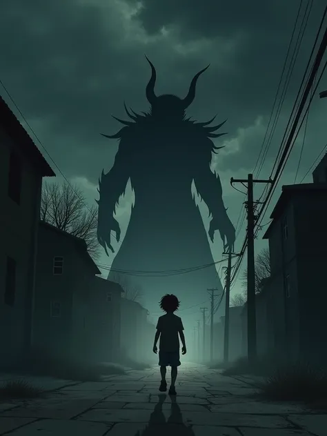 a boy walking in empty street, the boy shadow   look like devil , sky is dark, heavy wind ,