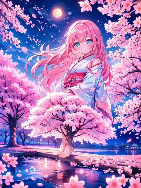 1girl, pretty face、Baby Face、((( best composition、 top quality、 greatest masterpiece、 super detailed、 high definition)))、cherry blossomsの妖精、kimono、🌸、cherry blossoms吹雪、cherry blossomsの木の上に座っている、barefoot、 pale pink hair color、 straight long hair、Sitting in t...