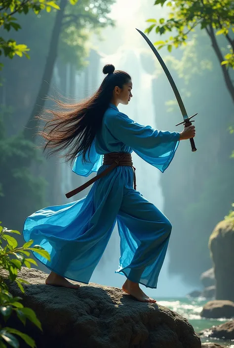  photos of beautiful female warriors ,  long black hair ,  use
, long blue shirt ,  practicing sword movements on a boulder ,  her movements are very agile ,  very realistic photo with ultra HD high resolution against the backdrop of waterfalls and jungle ...