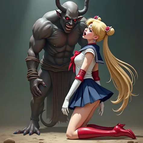 (((Hyper realism))), a realistic picture of Sailor Moon is captured by a big fierce devil and kneeling on the dirt, a small head young woman is wearing a Sailor Moon costume, beautiful Japanese girl face, Being restrained, ((Blue sailor collar, Navy blue s...