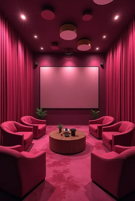  I want a space for a film promotion campaign， Hang three round cardboard from the ceiling to write movie lines， The overall space is dark ， There is an immersive feeling ，Use dark pink as the theme but dont be too saturated ，The overall style needs to hea...