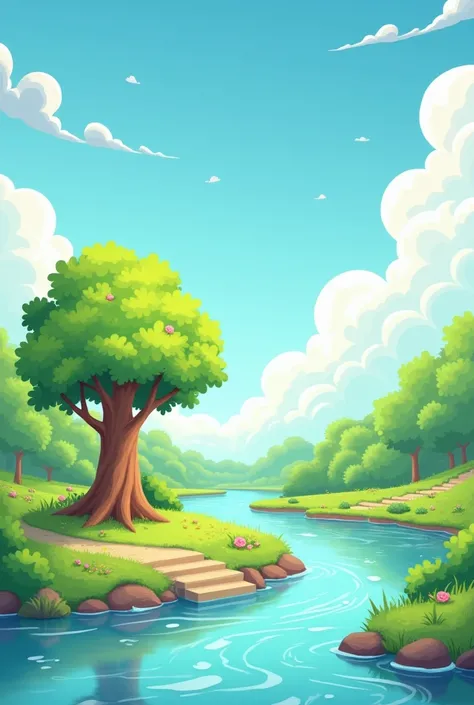 River, tree, air, cute cartoon

