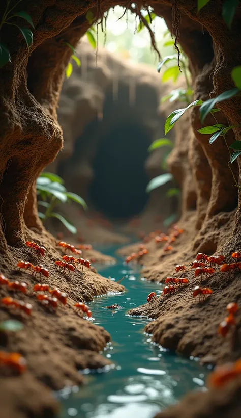 16K quality， Ultra HD，Hyperrealism，A group of little ants ，Inside the ant nest ，There is a water source in the ant nest，complicated nest， bokeh 