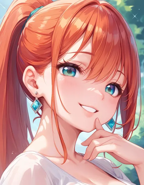    girl、   redhead、   long hair，   face close-up   ，    ponytail，  Womens earrings on one side ， upper body， naughty smile 