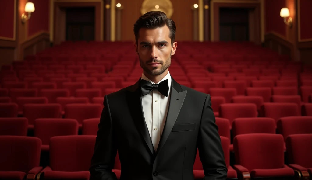 arafed man in tuxedo standing in a theater with red seats, handsome male, handsome man, inspired by Ramon Pichot, miguel iglesias, handsome and elegant, attractive and good looking, handsome stunning realistic, alejandro, handsome and attractive, attractiv...