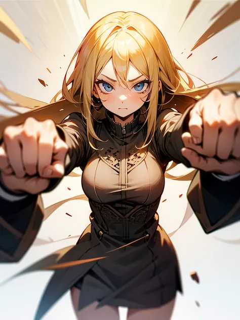 intricate detail, vanishing point, 1girl, blonde hairs, solo, Throwing a fist at the viewer, Long Hair, 