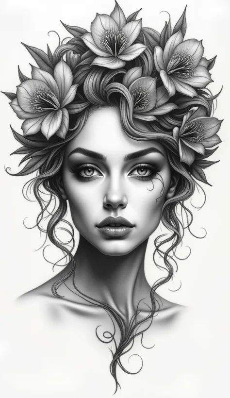 Un design de tatouage détaillé dessiné au crayon,. Il représente un portrait realiste et mysterieu comme un visage féminin de face avec des beau cil qui ce deploit et les ombres sont projeter sur ces joue inspirer de medusa elle a les yeux blanc et vide, a...