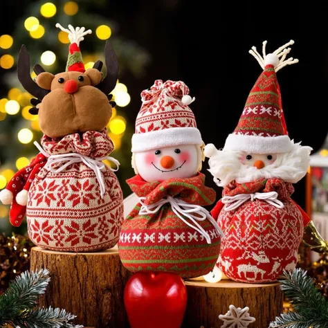 three snowmen dressed in  Christmas clothes and hats sit on a tree stump,  Christmas,   holiday season  ,  seasonal , Comfort, Festive, warmth, decorate品, 手工制作的, 3 Winter Gods, group photo, Renovation completed, Sweet,  happy , decorates, Trio, 高decorate, ...