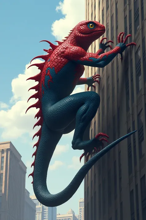 "Create a hybrid creature that combines the physical traits of a massive lizard and the superhero Spider-Man. The creature should have the muscular, scaled body of a lizard with a long, thick tail, sharp claws, and reptilian eyes. Integrate Spider-Mans ico...