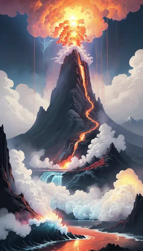 Volcanic eruption has a huge volcano in the center of the sea( Moon )， A mysterious volcano erupts fiery lava around the mountains.( radiates dazzling light ) Gods light shines .  against the background of a huge volcano .  There is a very thick layer of f...